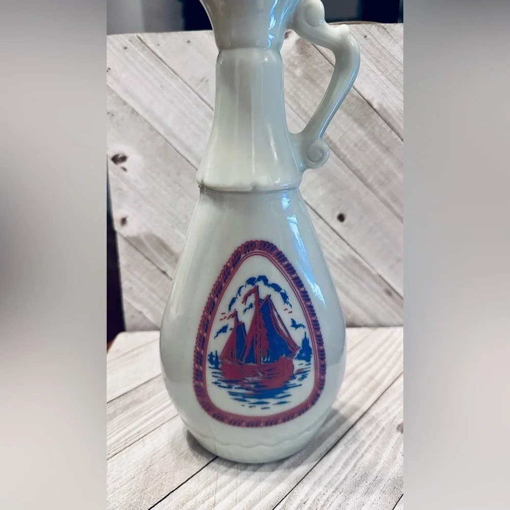 Vintage Milk Glass Decanter Sailboat Windmill Nautical White Pitcher Bottle 9.5